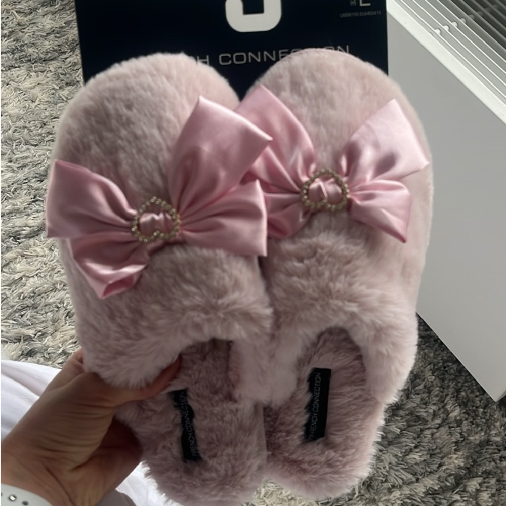 French Connection Pink Faux Fur Bow Slippers